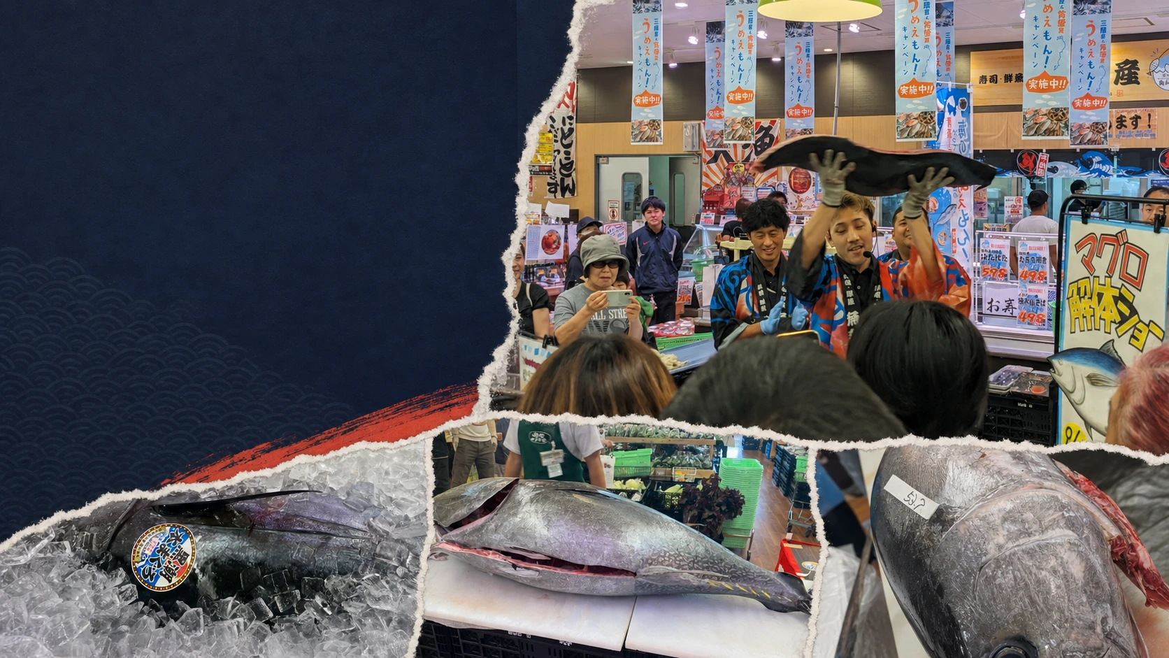 魚和水産の実際の売場で魚を掲げるスタッフと仕入れたマグロ