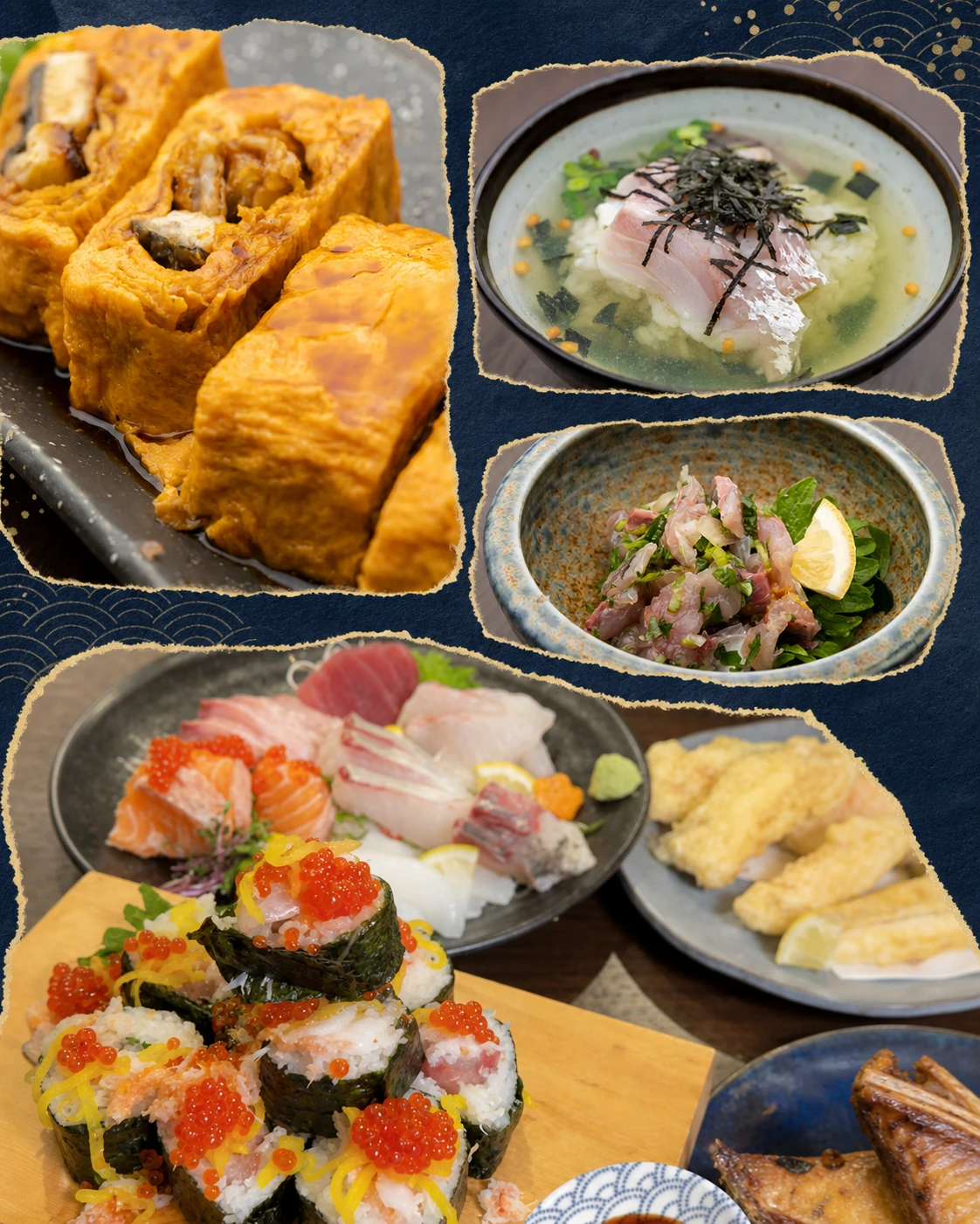 海鮮酒場うお心枚方市駅店で提供する実際の魚料理のコラージュ